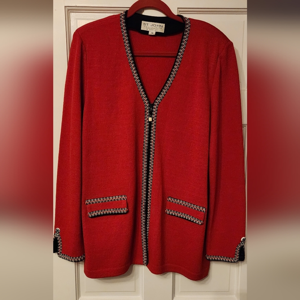 St. John Red Knit Zip-Front Blazer with Black-and-White Trim, Size 14/16